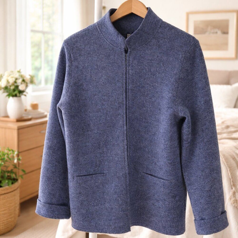 Eileen Fisher 100% Wool Zip Jacket Blue Boiled Wool Minimalist Lagenlook Casual